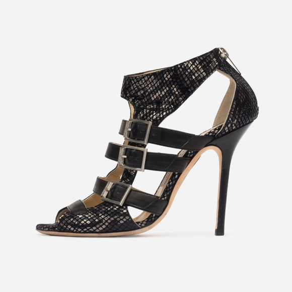 Jimmy Choo Shoes - Jimmy Choo Metallic Black Snake Skin Tri-Buckle Pumps EU 39